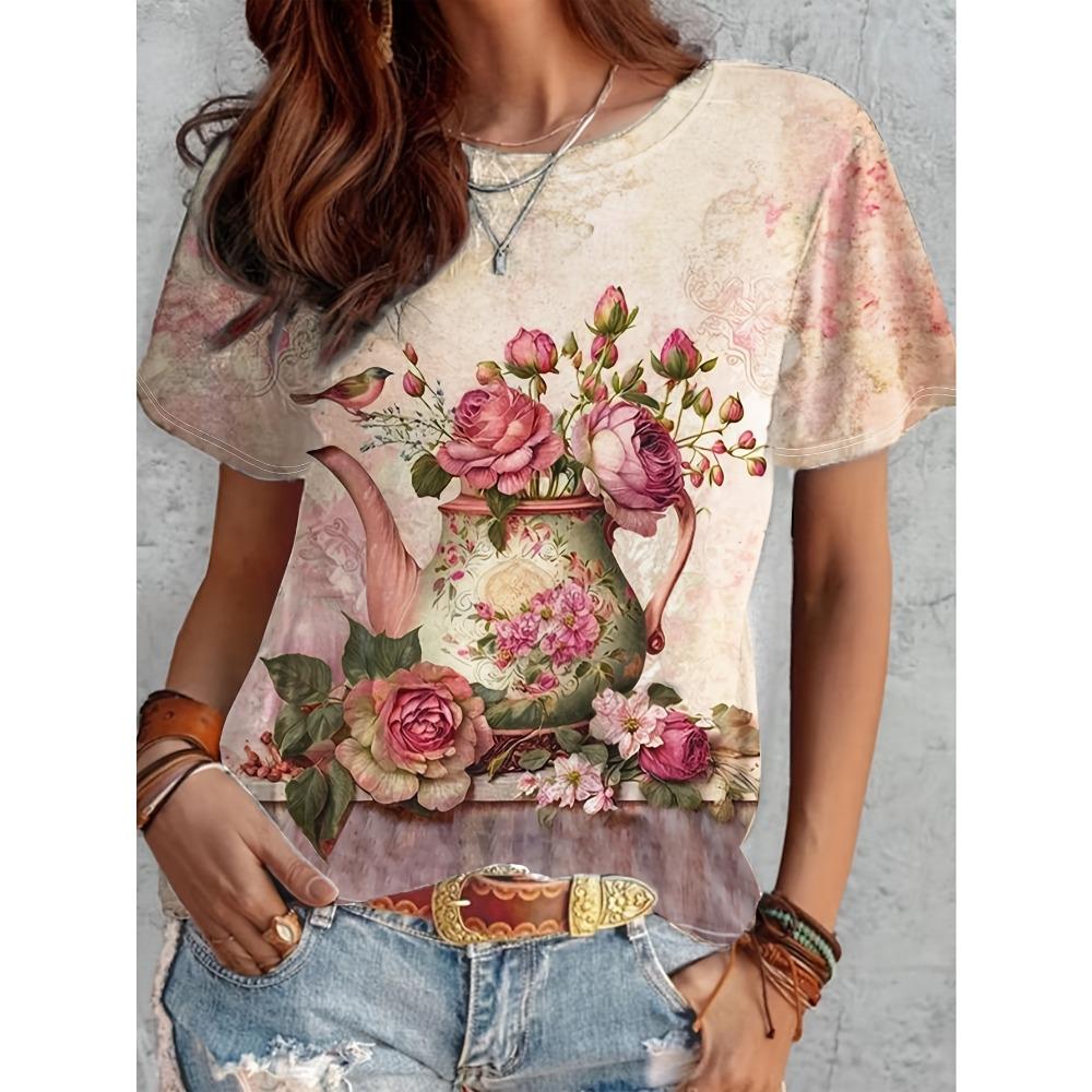 Women's Summer Round Neck Temperament  Breathable Short-sleeved Retro Floral Pattern Top Loose Casual Wear