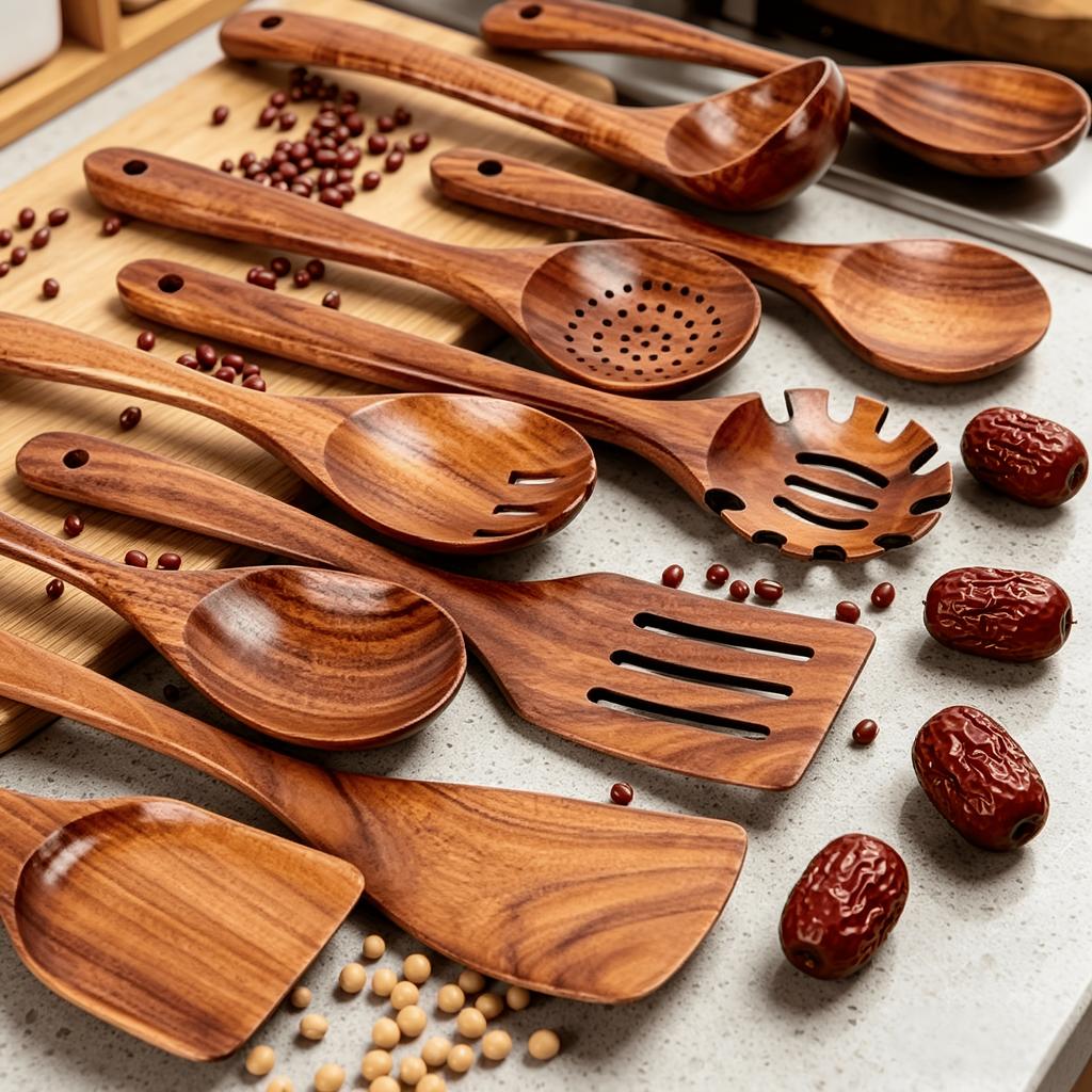 Wooden Kitchen Utensil Set, Natural Wooden Spoons – Premium Kitchen Tools, Ideal for Stirring, Mixing & Serving – Durable