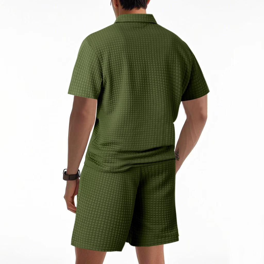 Summer Men’s Short-Sleeved Set: Jacquard Small Check Loose-Fit Casual Polo Shirt Set for Men