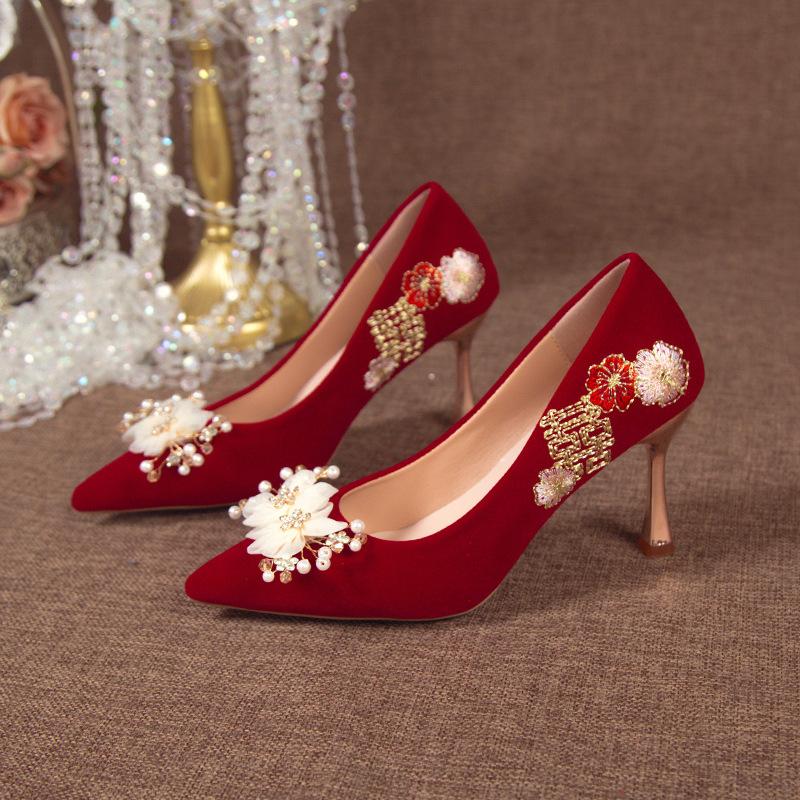 

Свадебная обувь 2025 осень новая тонкий каблук темперамент бордовый сценическая одежда праздничная свадебная обувь вышивка цветами высокие каблуки 39