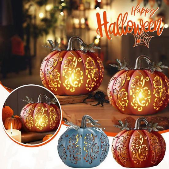 Halloween Pumpkin Light Hand-Carved Vine Hollow Decorative Lamp Resin Lighted Pumpkin with Flickering LED Candlelight Effect for Halloween