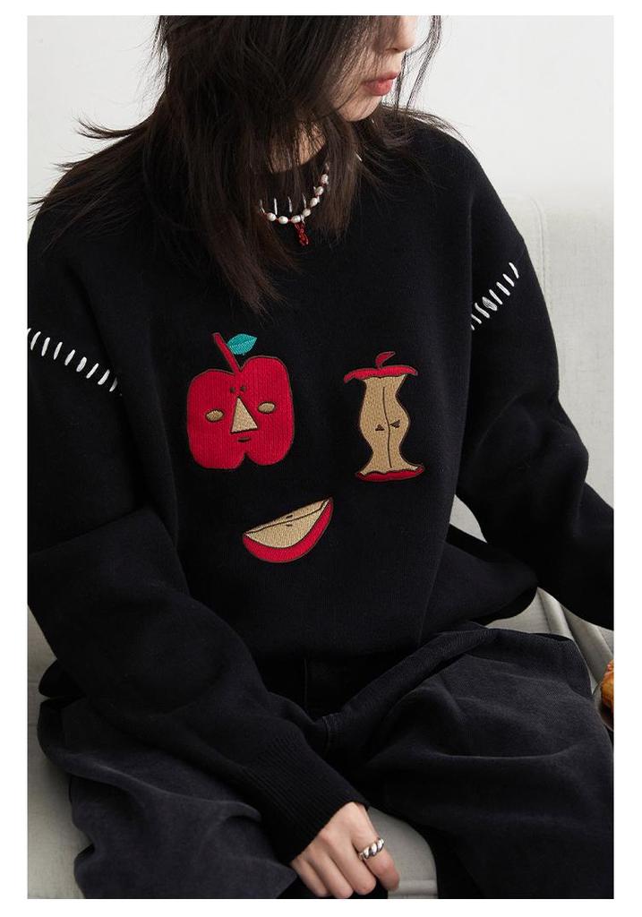 CHIC Retroism Apple Embroidery Loose Round Neck Sweater - Warm, Comfortable Autumn/Winter Top