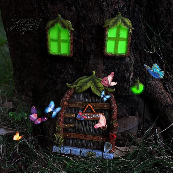 Waterproof Tree Trunk Decor 1 Set Fairy Door Windows And Lamp, Garden Accessories, Miniature Outdoor House Glow in The Dark Gnome for Yard Decoration
