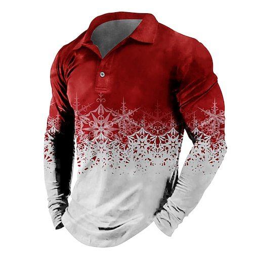 Long Sleeve Polo Shirt with Ornate Snowflake Pattern, Fashionable Casual Top