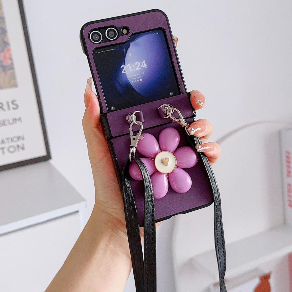 For Samsung Galaxy Z Flip7 FE 5G/Z Flip6 5G Case 3D Flower Leather+PC Phone Cover with Crossbody Strap