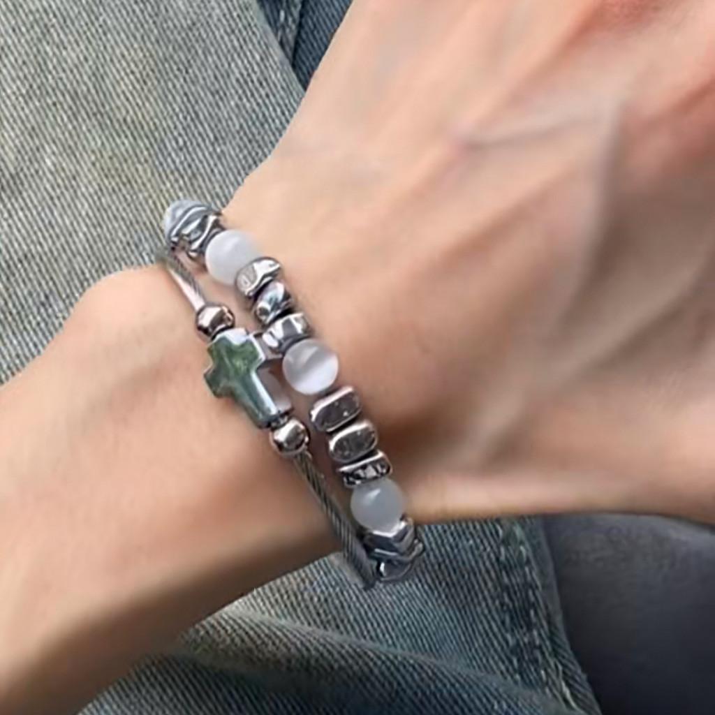 Titanium Steel Cross Bracelet For Men With Cat Eye Stone Bead Handcrafted Jewelry Gift
