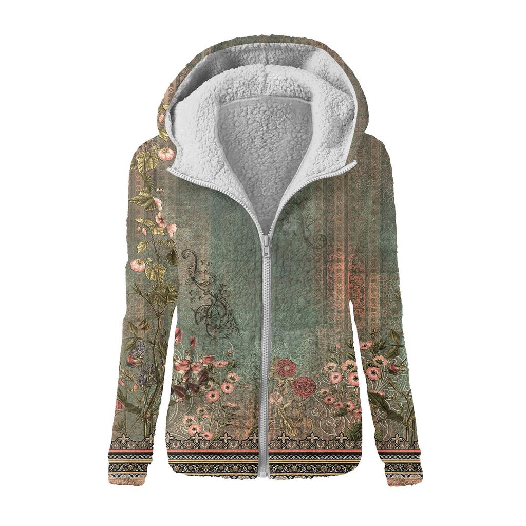 Women's Fashion Retro Floral Print Hooded Plush Casual Top Zipper Jacket