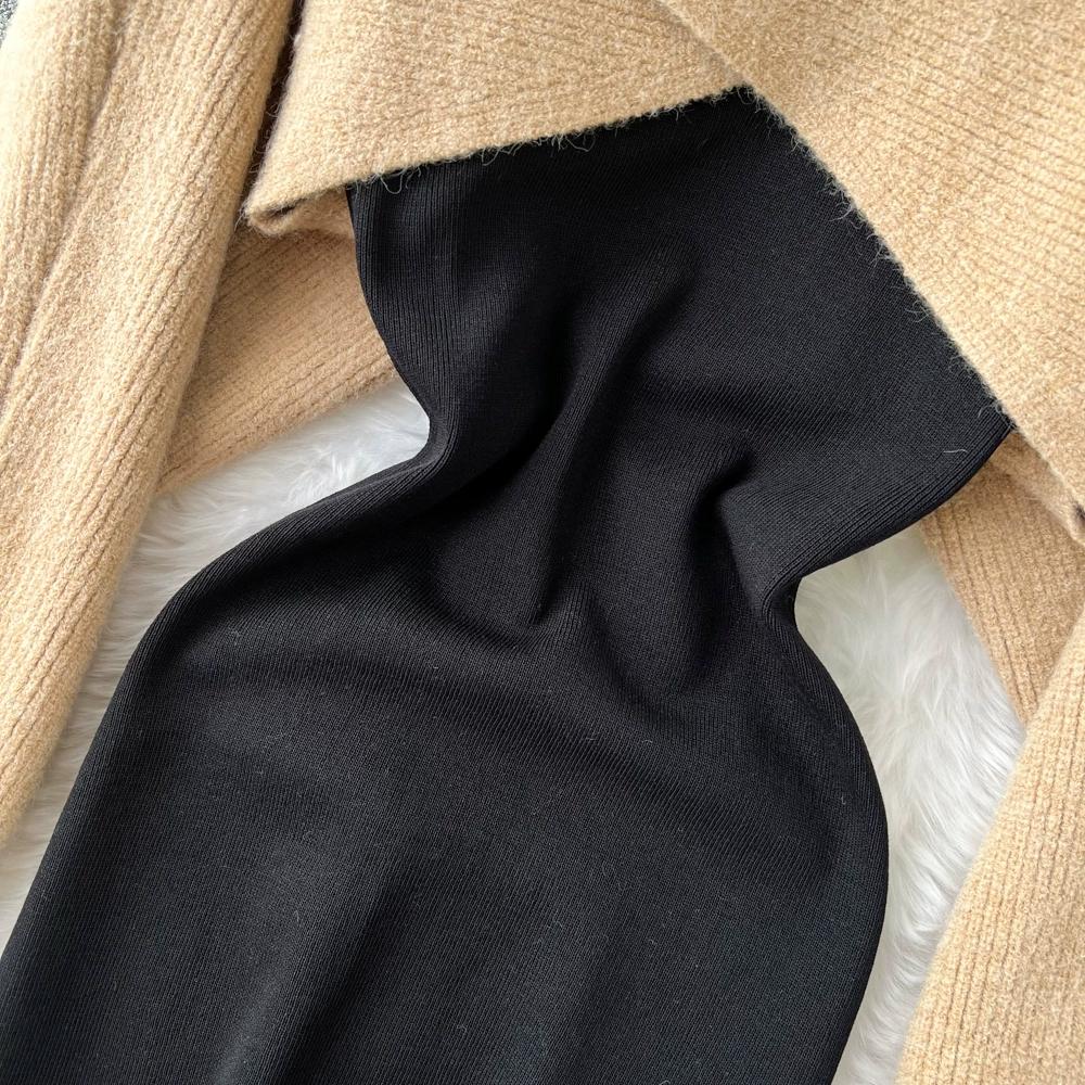 Fashion Suit Skirt Women's Casual Round Neck Half-cut Knitted Blouse Top Two-piece Set Korean Version Temperament Suspender Dress