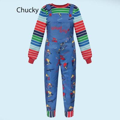 Halloweenský kostým Chucky Childplay Modrá kreslená kombinéza Overal S pruhovanou košilí Pro dospělé Kostým Chucky Cosplay
