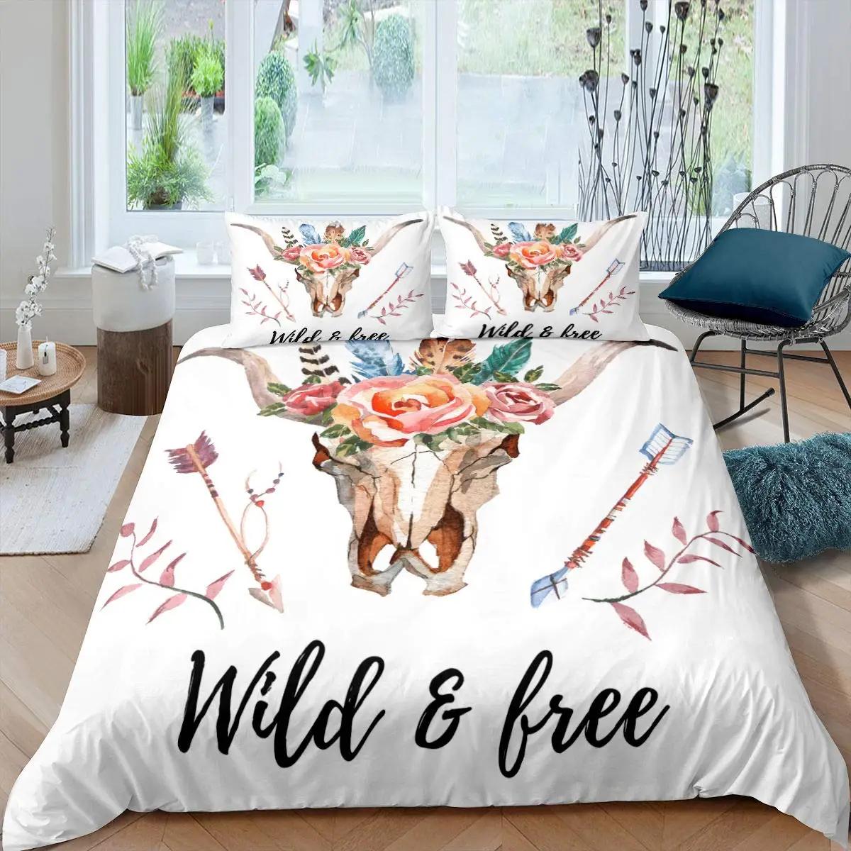 

Bull Skull Duvet Cover Chic Feather Bedding Bohemian Exotic Branches Flower for Kids Teens Women Men Room Decoration Quilt Cover 70x133cm 2pcs