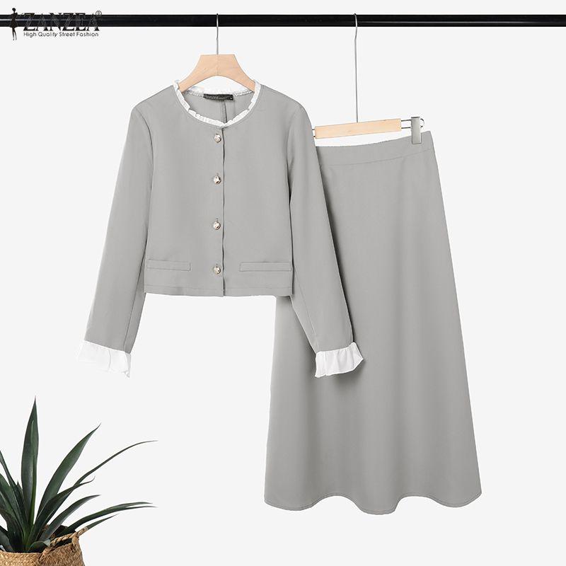 ZANZEA Damen Langarmbluse und Röcke Lässige zweiteilige Anzugsets