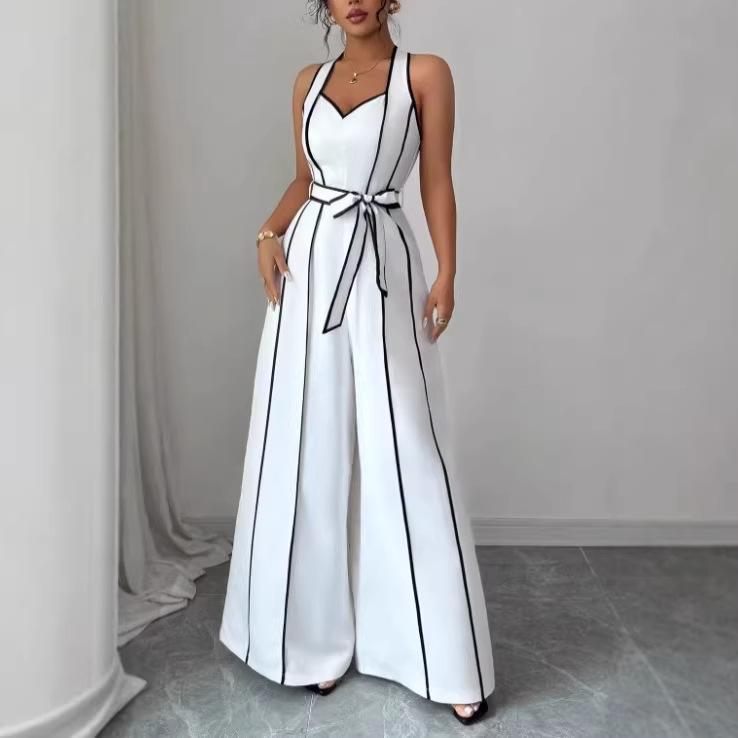 Amazon European and American cross-border women's new French striped sleeveless V-neck black and white contrasting wide-leg jumpsuit
