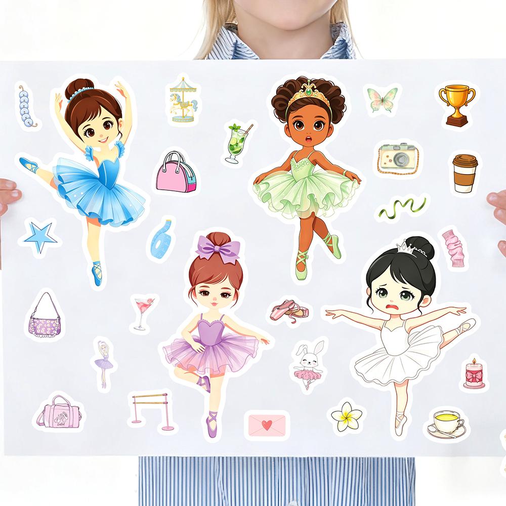 8/16Sheets Cartoon Ballet Girl Making Face Puzzle Stickers DIY Notebook Children Educational Toys Waterproof Party Gift Stickers