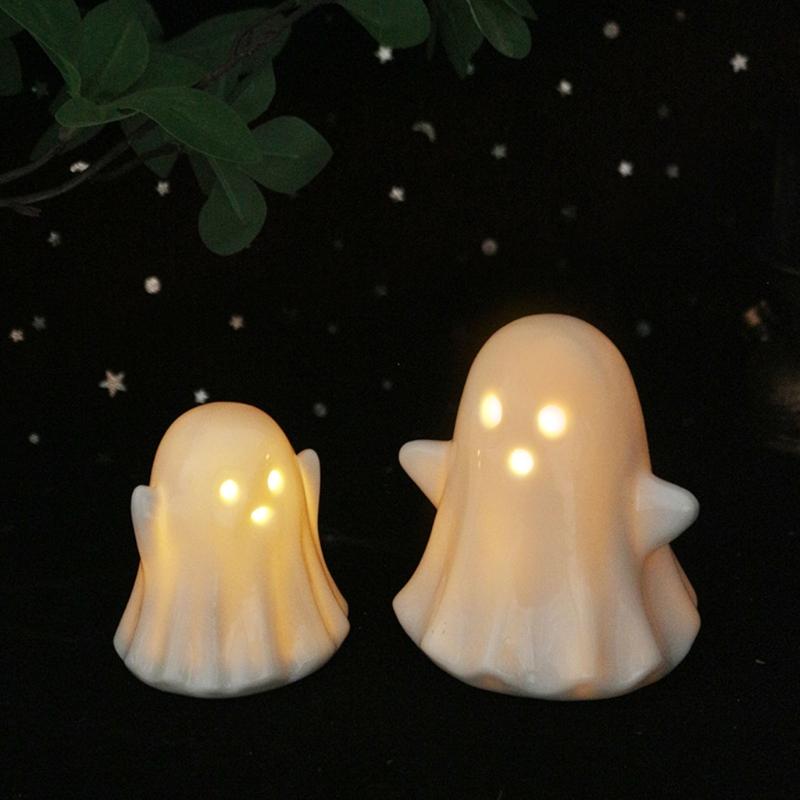 2Pcs Halloween Ceramic Ghostly Figurines With Soft Glows Night Light Handcrafted Holiday Decoration for Bedroom Party Decoration Collectibles