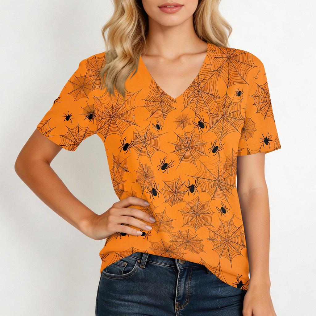 Womens Casual V Neck Pullover Top Halloween Print Short Sleeve Lightweight Blouse for Daily Wear