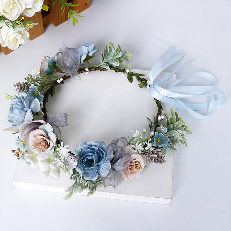Blue Flower Hair Wreath Headband Crown Garland with Adjustable Ribbon Festivals Wedding Party Headpiece for Women Girl