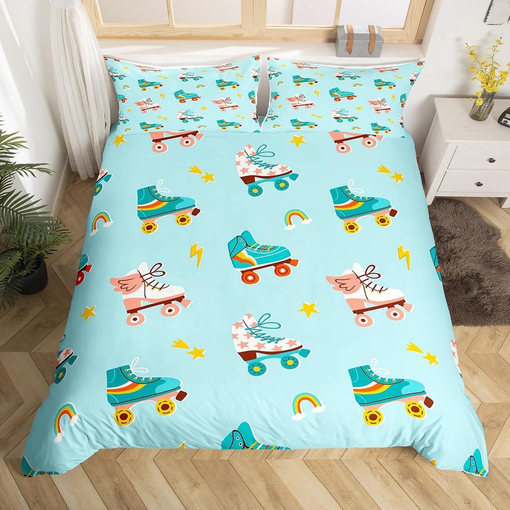 Roller Skates Duvet Cover Set For Kids Teens Boys Girls Lightweight Bedspread Cover Bedroom Decor Winter Sports Game Bedding Set