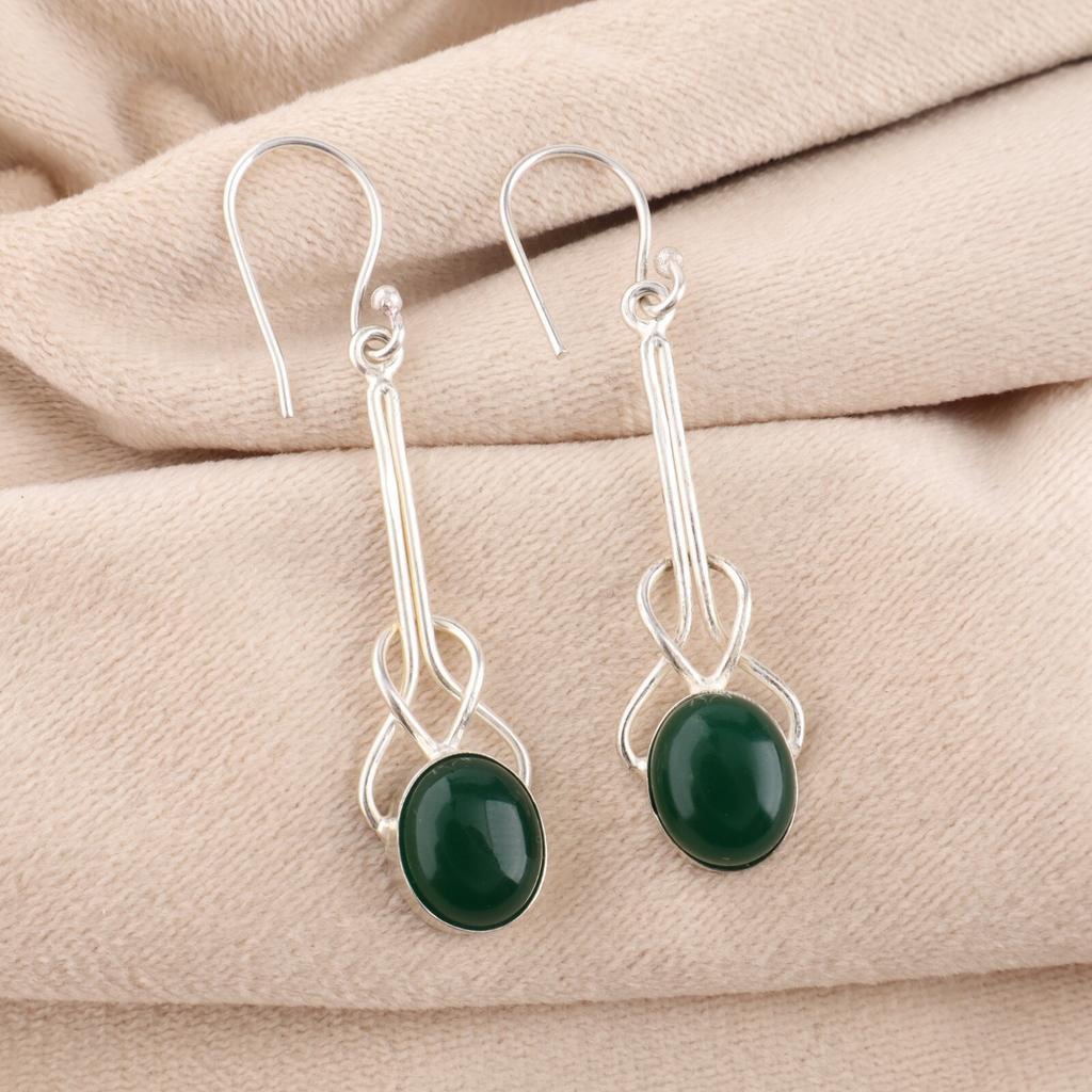 Green onyx Cab Gemstone 925 Sterling Silver Jewelry Handmade Hook Earrings 1.76" EE-171-28