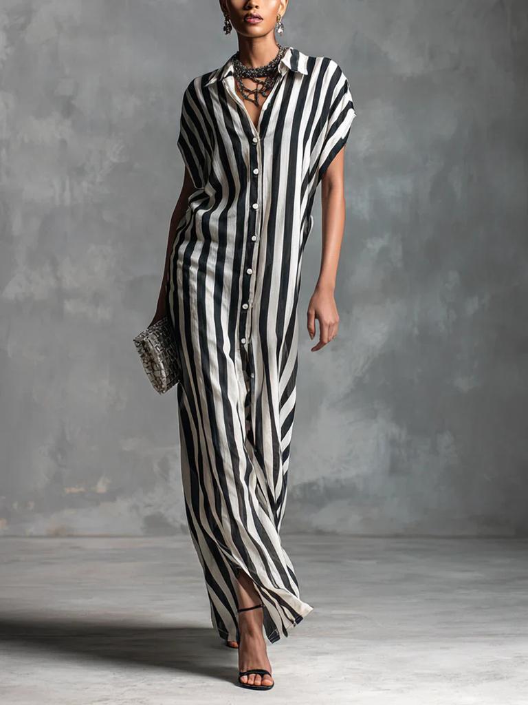 European and American Independent Station Cross-border Fashion Loose Lapel Long Striped Summer Popular Short Sleeve Women's Shirt Dress