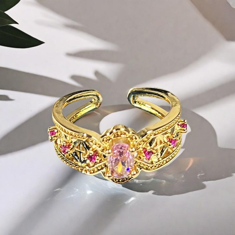 Sweet Girl Heart Pink Love Zircon Crown Open Ring Niche Design Light Luxury High Sense Fashion Ring