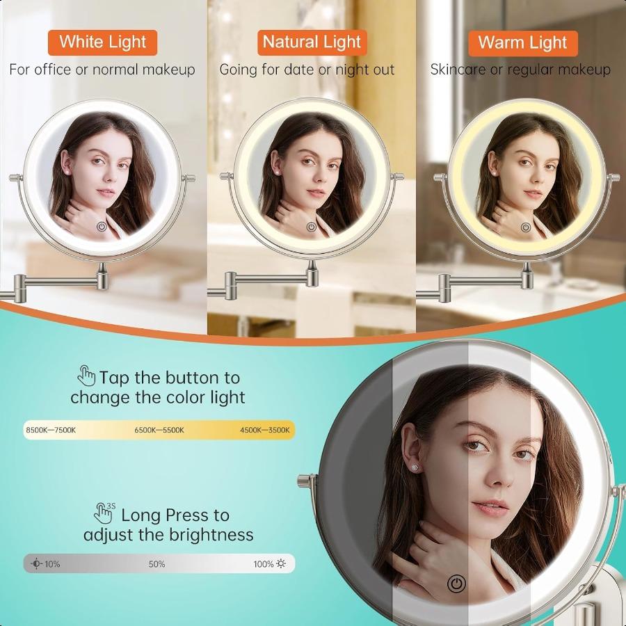 Rechargeable Wall Mounted Lighted Makeup Vanity Mirror 8 Inch Double Sided 1X 10X Magnifying Bathroom Mirror 3 Color Lighting T
