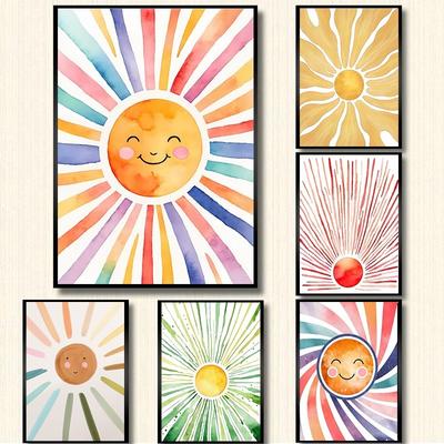 Minimalist Watercolor Sun Poster Sunshine Gold Sun Canvas Painting Mid Century Modern Bohemian Wall Art Living Room Home Decor
