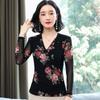 Floral Print Mesh Blouse V-Neck Long Sleeve Slim Fit Casual Top