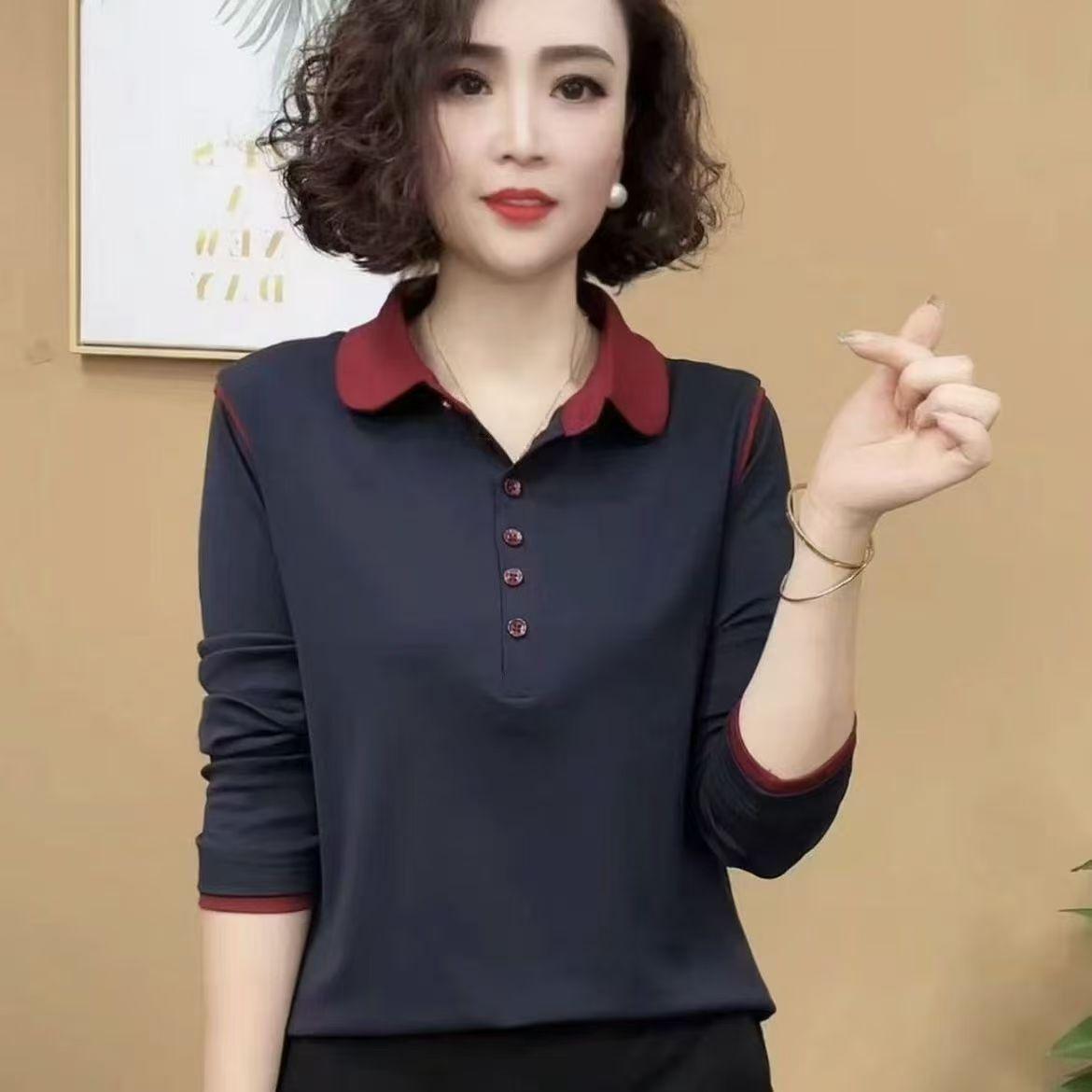 

Женская рубашка с длинным рукавом и воротником поло - Весна/Осень 2025, Цветовой блок, Универсальная базовая модель, Молодящая 5XL