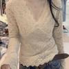 T-shirt de base en dentelle à manches longues et col en V ajusté pour femme 2025