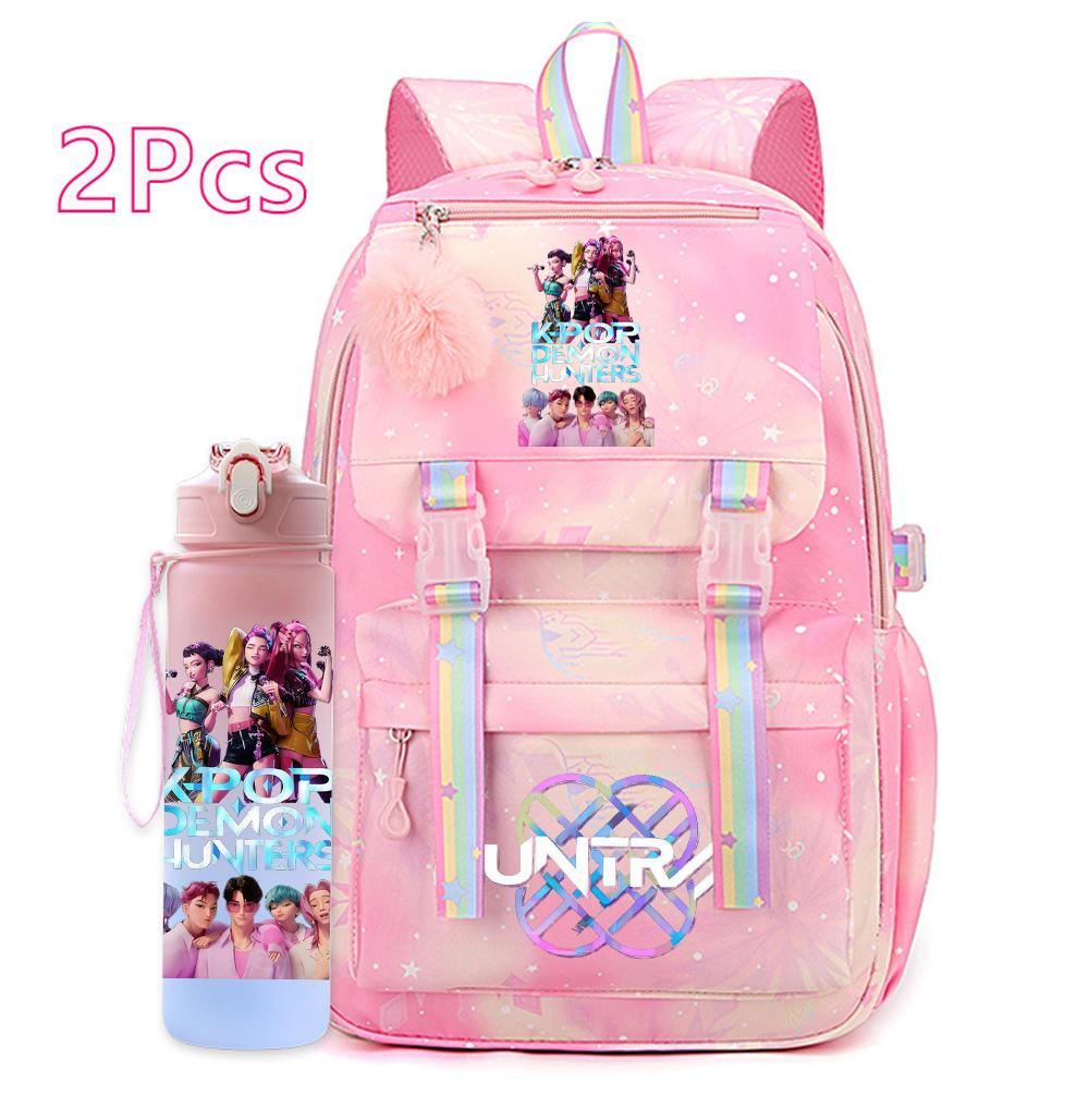 2Pcs/set Anime Cartoon Kpop Printed Backpack with 750Ml Water Bottler Large Capacity Travel Bag for Teenager Girl Boy Bookbag Kid Gift Rucksak