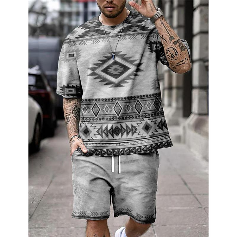 Summer Fashion Casual Men's Suit 3D Printed Sportswear Short-sleeved Suit Oversized Round Neck T-shirt Shorts 2-piece