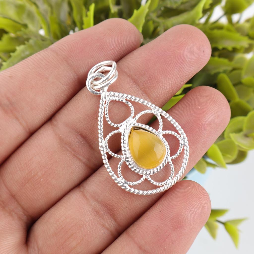 Yellow Cat's Eye 925 925 Solid Sterling Silver Pendant, Handmade Gemstone Pendant Jewelry, Amazing Silver Chain Spiritual Pendant For Women