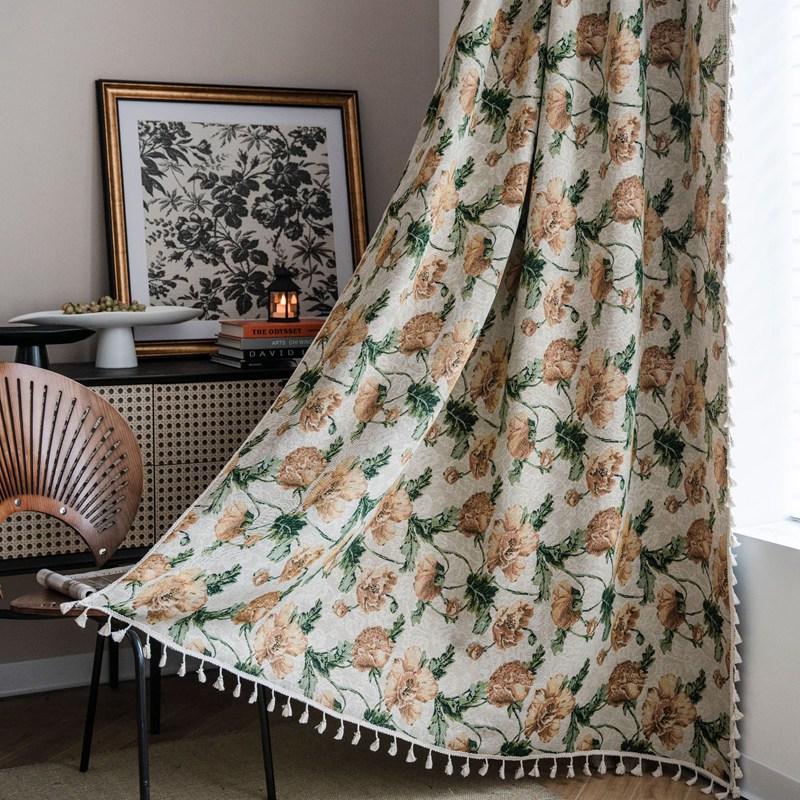 Polyester Cotton American Style Retro Jacquard Tassel Oil Painting Curtain Living Room Semi-shading Drape Kitchen Valance