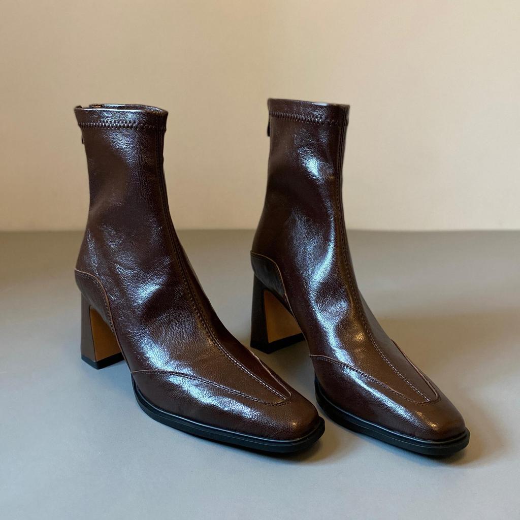 Botines Coreanos de Tacón Grueso y Punta Cuadrada - Diseño Retro Elástico Adelgazante con Cremallera Trasera para Mujer.