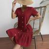 Women'S Button-Down Dress Loose Summer Cotton And Linen Dress Ruffle Hem Casual Short-Sleeved Dress
