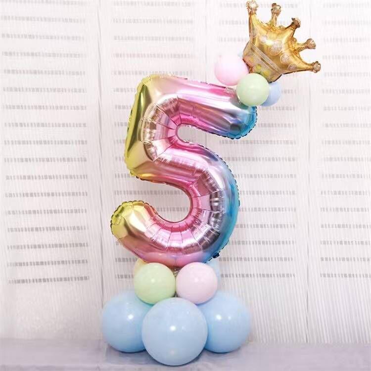 Gradient Color Crown Number Balloon Pillar, 32-40 Inch, First Birthday Party Decoration