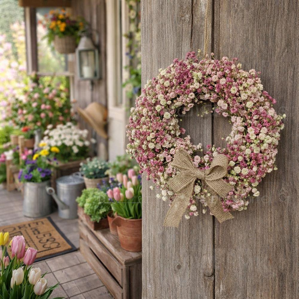 With Bow Spring Flower Wreath Lifelike Artificial Flower Wreath Front Gate Wreath  Front Door