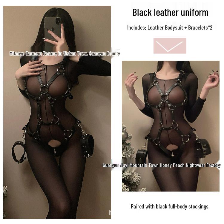 Adult Patent Leather Bodysuit with Handcuffs - Dark Night Role-Play Set
