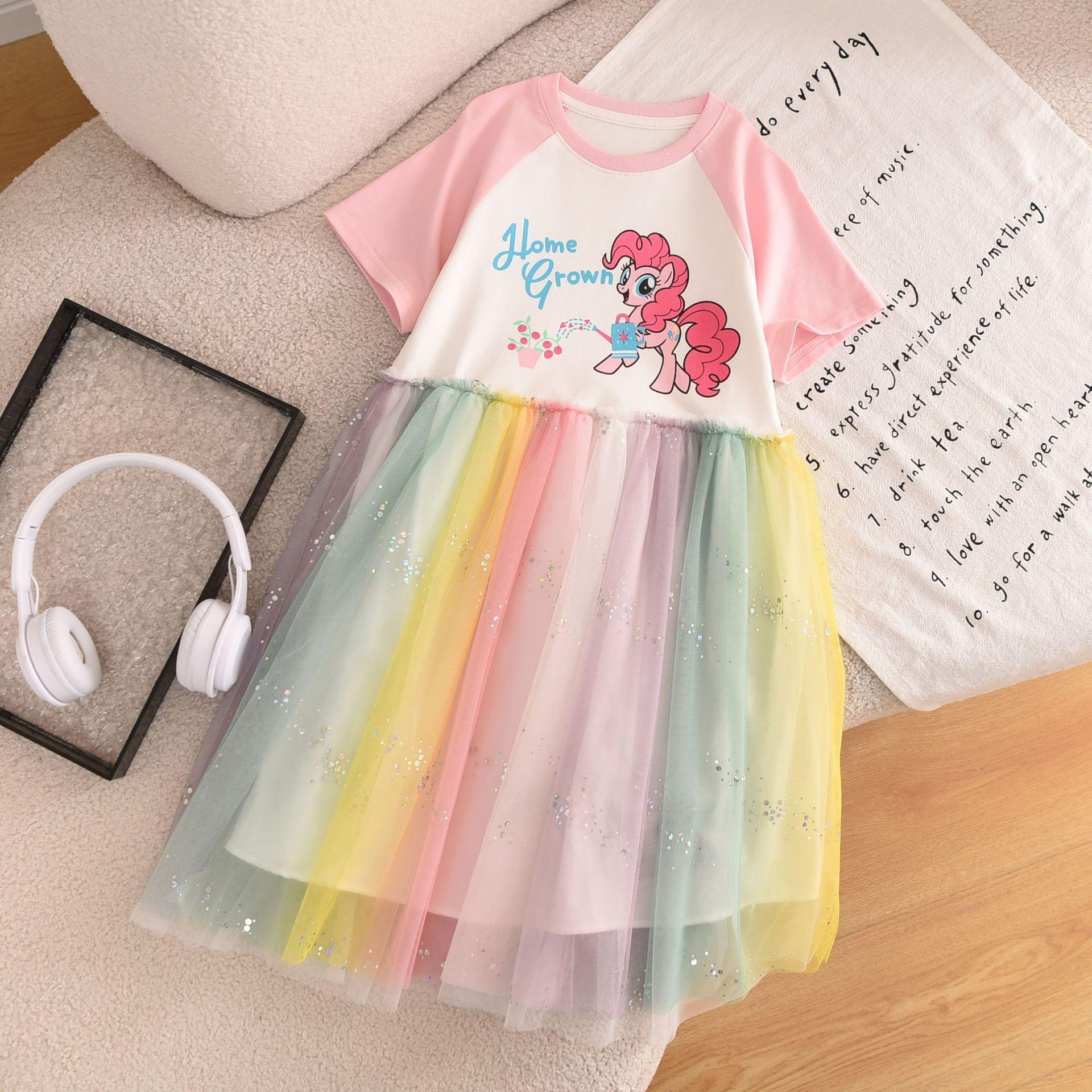 Girls Summer Short Sleeve Cartoon Tulle Dress Middle Big Kids Princess Party Gown 110
