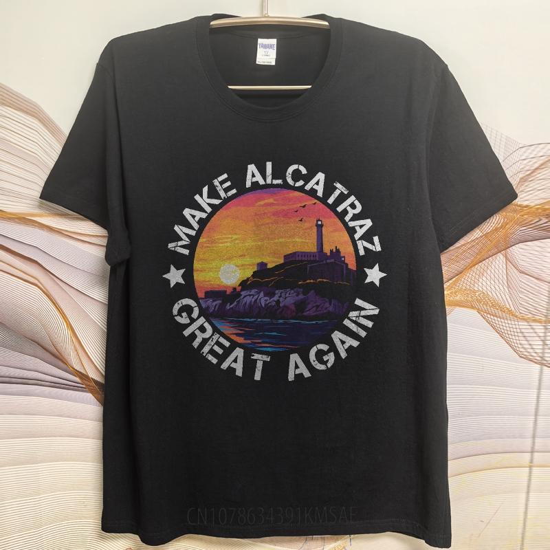 Casual Summer Women T Shirt Make Alcatraz Great Again Sunset Island Scene Short Sleeve Printed Crew Neck Tops Teeshirt For Man