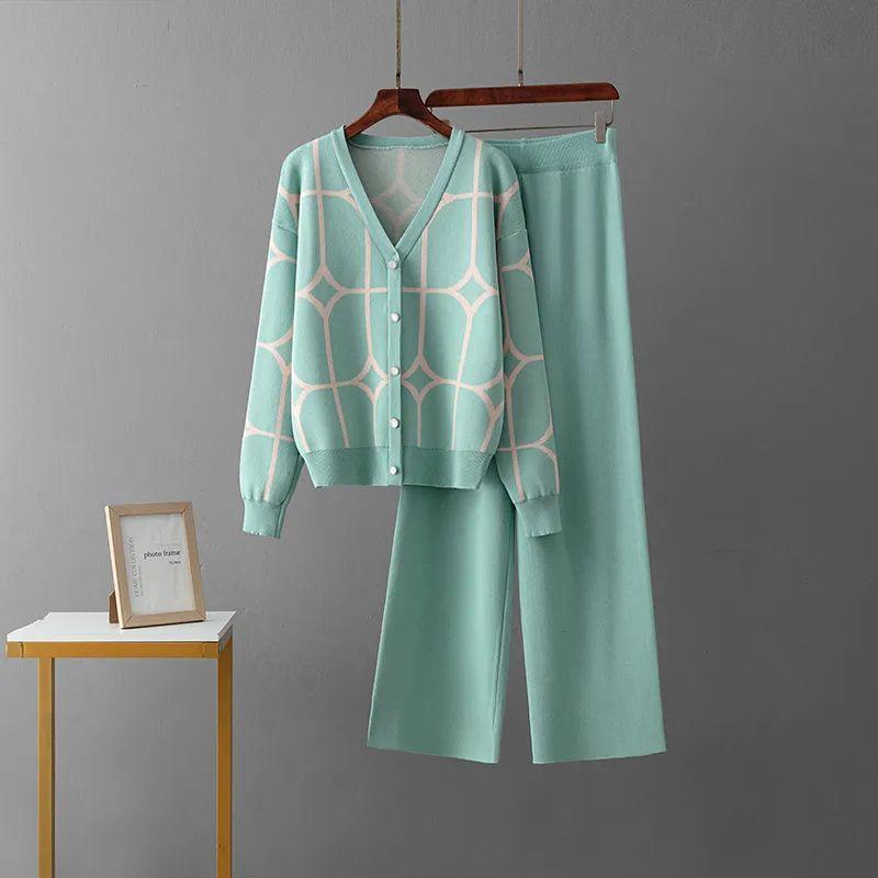 European and American Cross-Border Knitted Wide-Leg Pants Sweater Set Women Spring and Autumn New Loose Fashion Temperament Two-piece Set Fashion