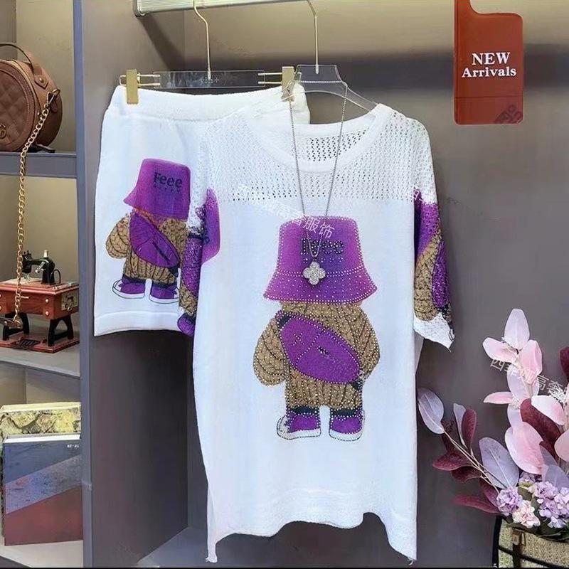 Plus Size Women's Summer Bear Print Knitted Two-Piece Shorts Suit