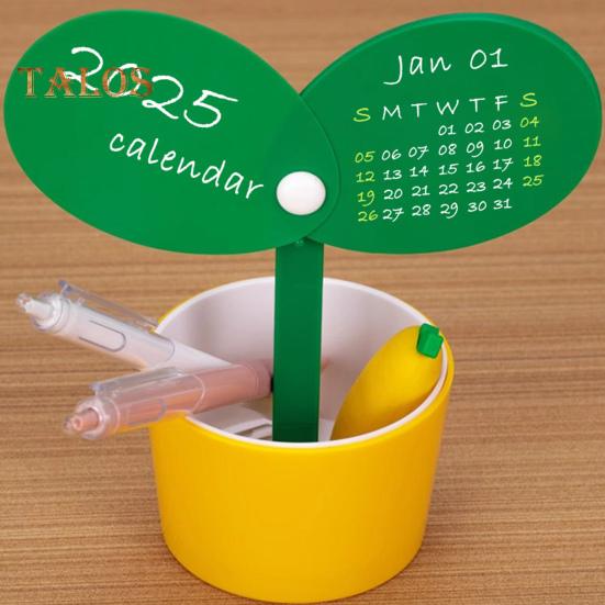 Pen Holder Desk Calendar 2025 Potted Plant Monthly Calendar with Pen Holder Base Tabletop Decoration for Home Office Organizer