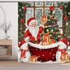 Funny Santa Claus Snowman Christmas Shower Curtain With Red Gold Tree Design, New Year Bathroom Decor For Festive Celebration