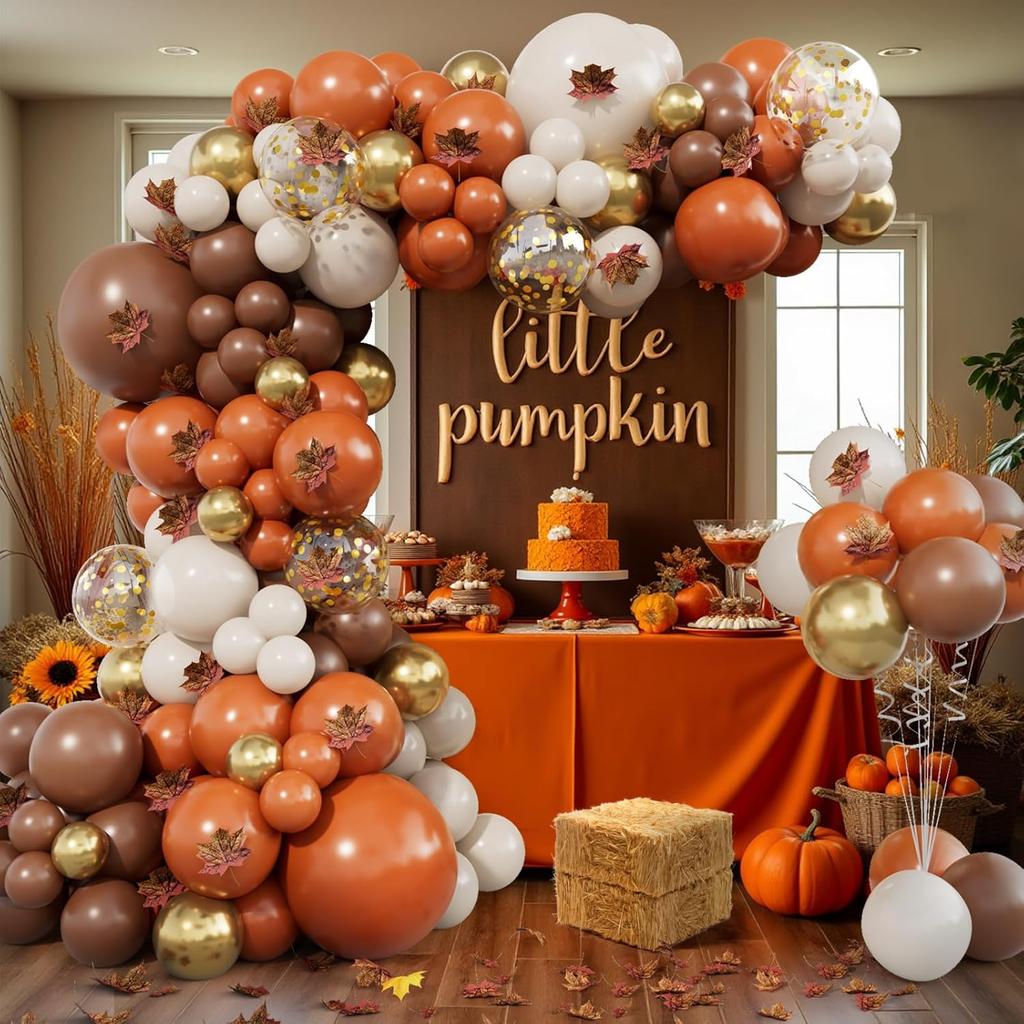 215pcs Fall Balloon Arch Kit with Burnt Orange Coffee Brown Sand White Balloons Maple Leaves for Fall Thanksgiving Autumn Harvest Birthday Party