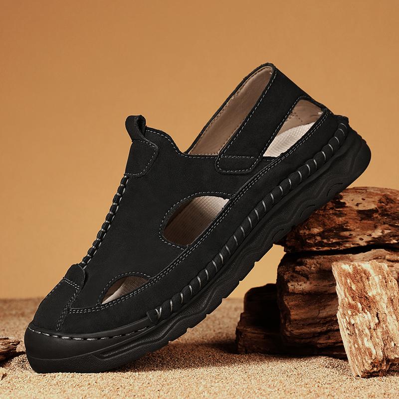 

Летние мужские сандалии ручной работы из кожи, открытые пляжные сандалии 48 чёрный