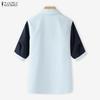 ZANZEA Women Turn Down Collar Casual Short Sleeve Patchwork Blouse