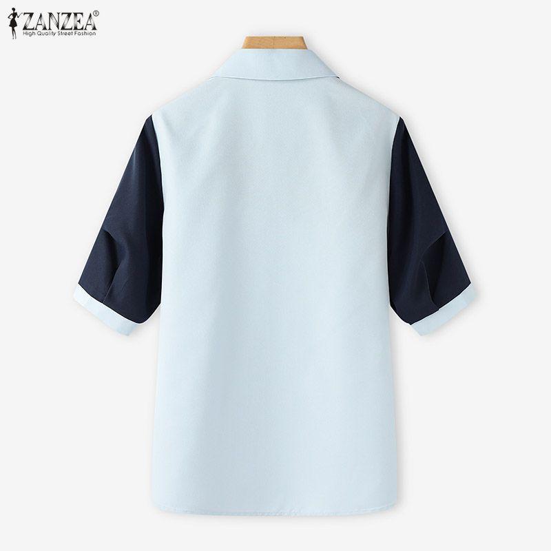 ZANZEA Women Turn Down Collar Casual Short Sleeve Patchwork Blouse