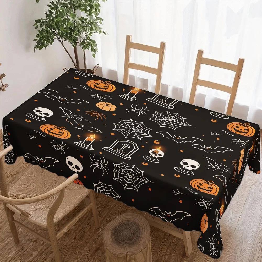1pc Halloween Tablecloth Black Pumpkin Skull Spider Web Bat Table Cover For Party Home Kitchen Dining Decoration Rect
