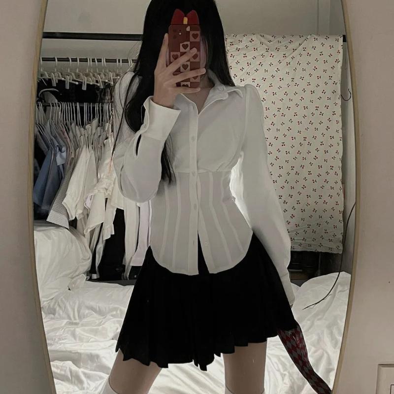 Fish Bone Waist JK Uniform Long Sleeved Shirt for Spicy Women Slim Fit and Slimming Waist Cinching Shirt with Unique Design Sense Top